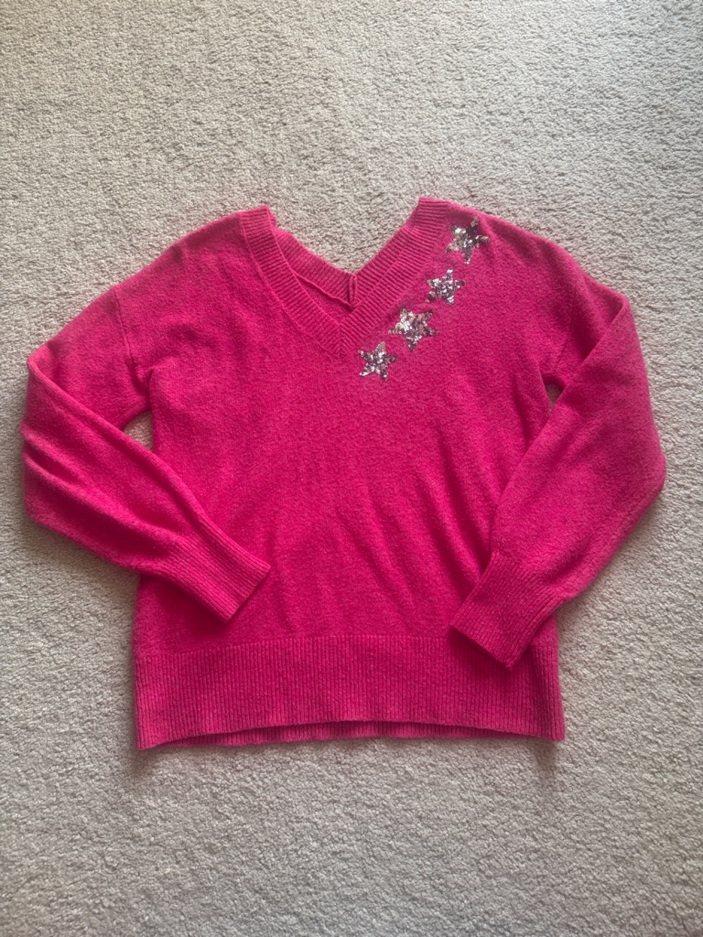 LOFT Fuchsia V-Neck Sweater with Sequin Star Accents